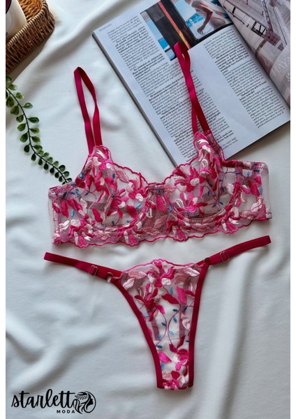 Fuşya Çiçekli Balenli Kapsız Tül Sütyen & Tanga Takımı modelleri