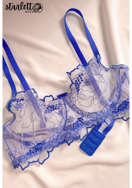 Mavi Çiçekli Balenli Kapsız Transparan Tül Sütyen Takımı modelleri