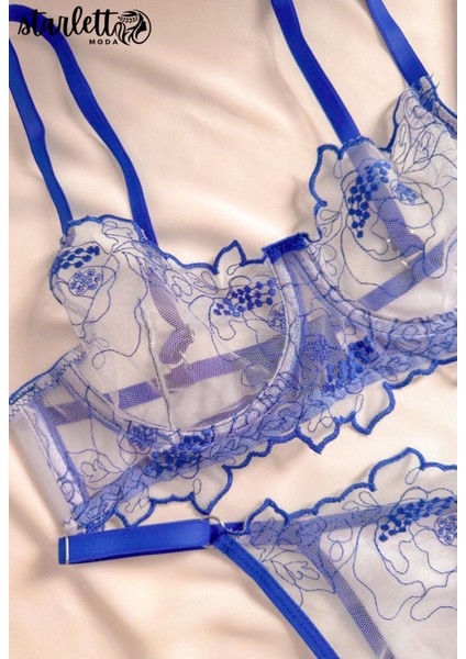 Mavi Çiçekli Balenli Kapsız Transparan Tül Sütyen Takımı fiyatları