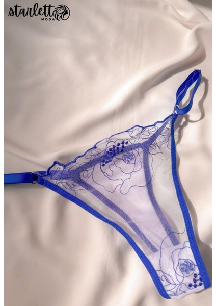 Mavi Çiçekli Balenli Kapsız Transparan Tül Sütyen Takımı fırsatları