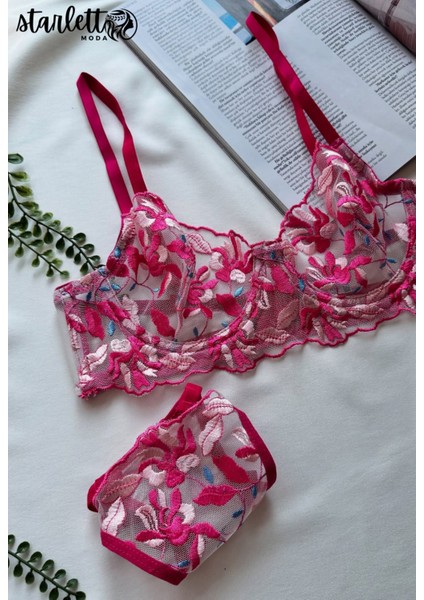 Fuşya Çiçekli Balenli Kapsız Tül Sütyen & Tanga Takımı