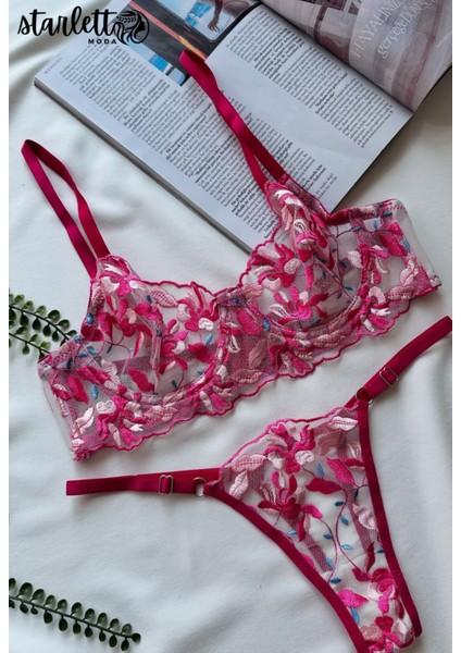 Fuşya Çiçekli Balenli Kapsız Tül Sütyen & Tanga Takımı fırsatları