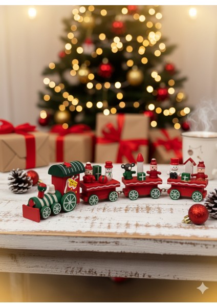 Ahşap Yılbaşı Tren Seti – 4 Figürlü Noel Dekoratif Mini Tren
