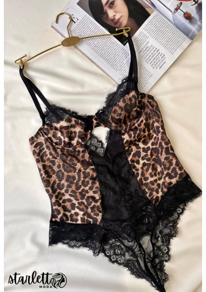 Leopar Desenli Dantelli Balenli Kapsız Transparan String Bodysuit