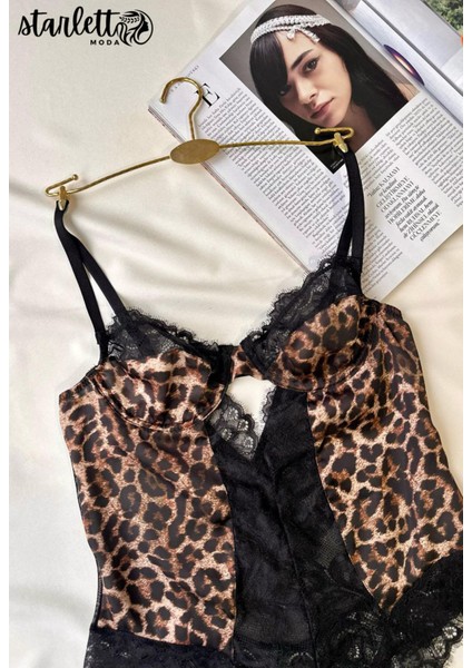 Leopar Desenli Dantelli Balenli Kapsız Transparan String Bodysuit fiyatları