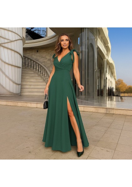 Ulak Handmader Kadın Askılı Omuzdan Bağlamalı Kruvaze Yakalı Uzun Yırtmaçlı Janjan Krep Elbise