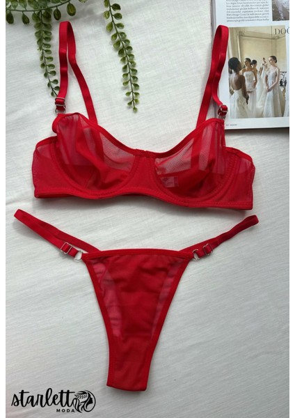 Kırmızı Balenli Kapsız Tül Bralet Sütyen Takımı modelleri