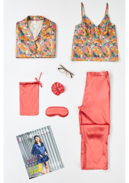 6'lı Kaplan Desen Nar Çiceği Pijama Takımı