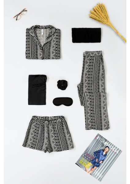 7'li Viskon Hem İçeride Hem Dışarıda Asimetrik Desen Siyah Pijama Takımı