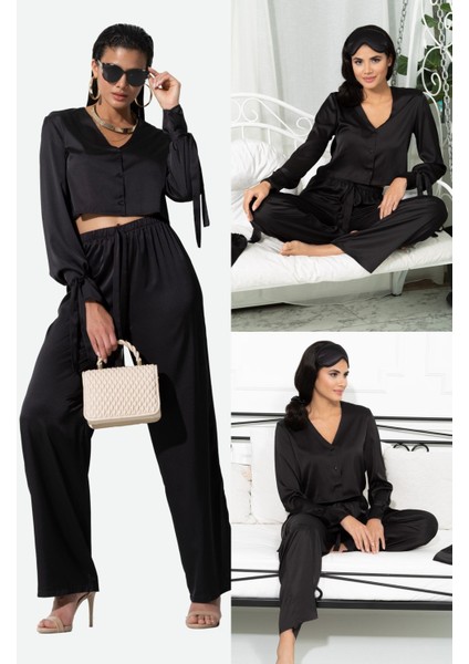 5'li İçeride&Dışarıda Kol Baglama Detaylı Siyah Pijama Takım