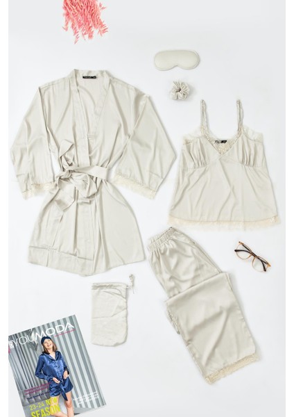 6'lı Dantelli Sabahlık Atlet Pantolon Gri Pijama Takım