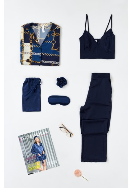 6'lı Saten Zincir Desen Gömlek Büstiyerli Lacivert Alt Üst Takım