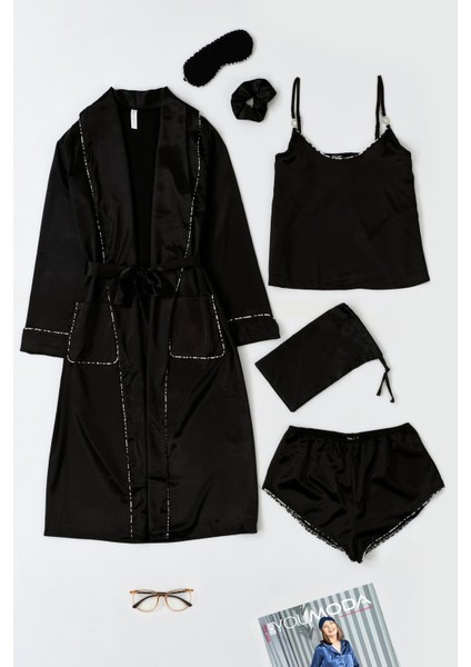 6'lı Leopar Biye Detaylı Sabahlık Atlet Şortlu Siyah Takım