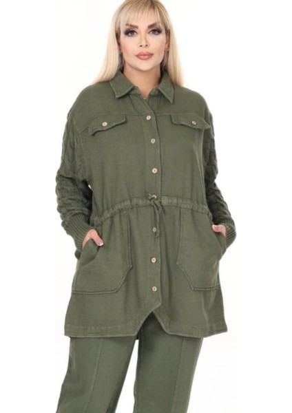 Kadın Büyük Beden Kollar Saç Örgü Triko Bel Bağcıklı Torba Cepli Düğmeli %100 Pamuk Gabardin Ceket fiyatları