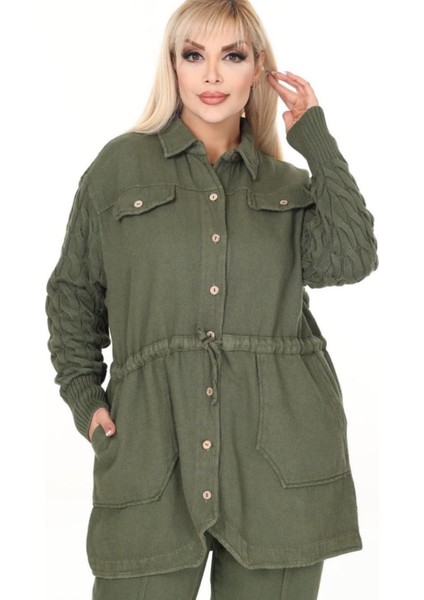 Kadın Büyük Beden Kollar Saç Örgü Triko Bel Bağcıklı Torba Cepli Düğmeli %100 Pamuk Gabardin Ceket modelleri