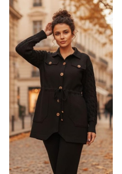 Kadın Büyük Beden Kollar Saç Örgü Triko Bel Bağcıklı Torba Cepli Düğmeli %100 Pamuk Gabardin Ceket fiyatları