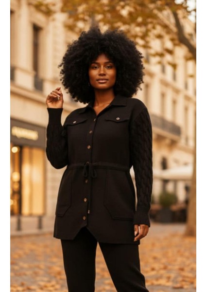 Kadın Büyük Beden Kollar Saç Örgü Triko Bel Bağcıklı Torba Cepli Düğmeli %100 Pamuk Gabardin Ceket fırsatları