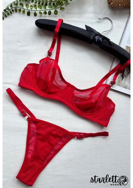 Kırmızı Balenli Kapsız Tül Bralet Sütyen Takımı