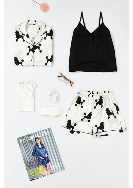 6'lı Köpek Desen Beyaz Saten Pijama Şort Takım