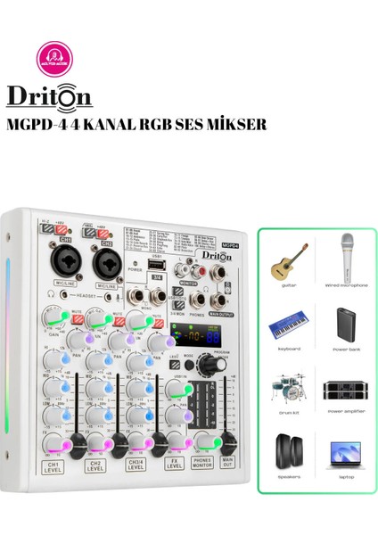 Mgpd-4 Rgb Işıklı 4 Kanal Bilgisayar Laptop Pc Uyumlu 4 Kanal Ses Mikseri
