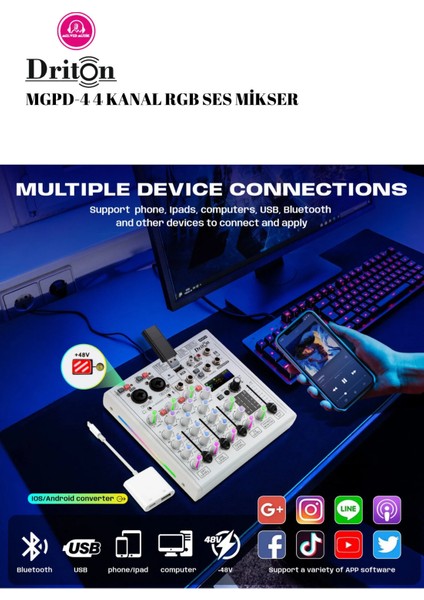 Mgpd-4 Rgb Işıklı 4 Kanal Bilgisayar Laptop Pc Uyumlu 4 Kanal Ses Mikseri fırsatları