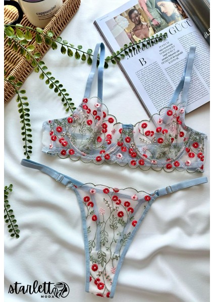 Papatya Çiçek Desenli Kapsız Brode Iç Çamaşırı Takımı