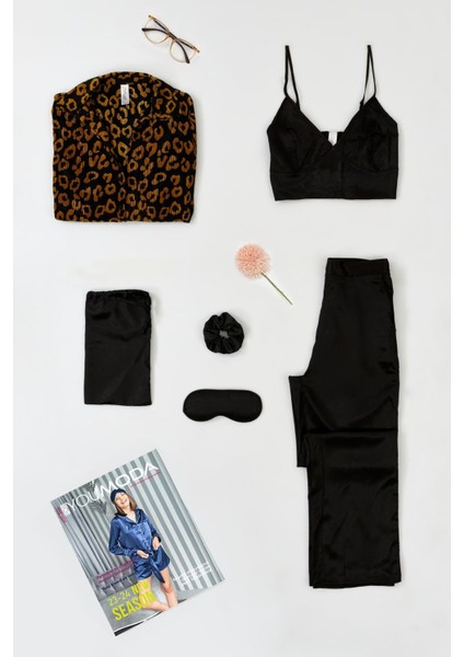 6'lı Pliseli Leopar Bustiyerli Siyah Pijama Takım
