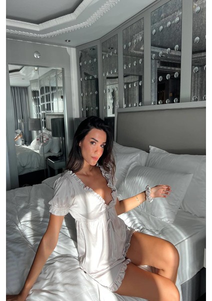 5'li İçeride&Dışarıda Fırfırlı Gri Pijama Takım