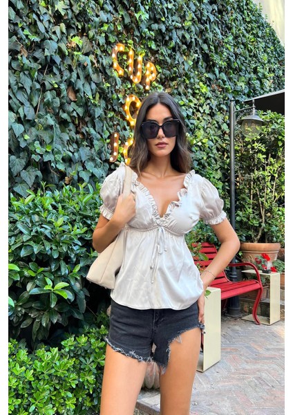 5'li İçeride&Dışarıda Fırfırlı Gri Pijama Takım