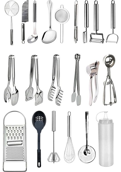 21'li Mutfak Hazırlık Seti Rende, Patates Bıçağı, Kevgir, Dondurma Kaşığı,çırpıcı Seti, Sarımsak Ezici Maşa Seti Çeyiz Seti