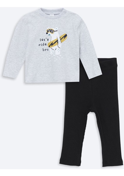 Yeni Sezon Bisiklet Yaka Uzun Kollu Baskılı Erkek Bebek Tişört ve Pantolon 2'li Takım