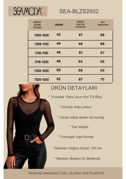 Büyük Beden Nokta Desen Transparan Likralı Tül Uzun Kol Bluz-Siyah fiyatları