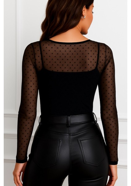 Büyük Beden Nokta Desen Transparan Likralı Tül Uzun Kol Bluz-Siyah fırsatları