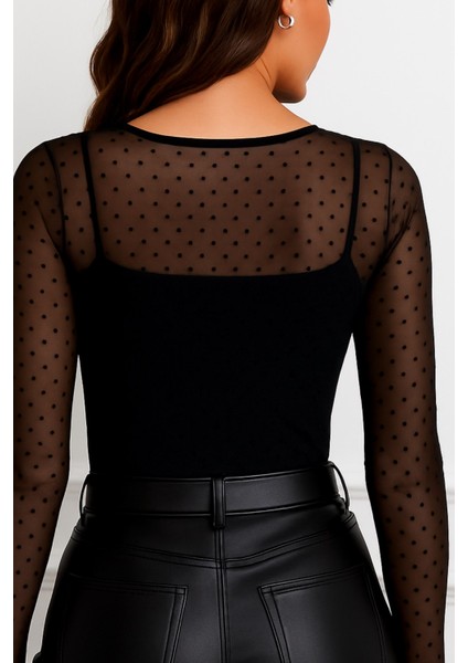 Büyük Beden Nokta Desen Transparan Likralı Tül Uzun Kol Bluz-Siyah indirimleri