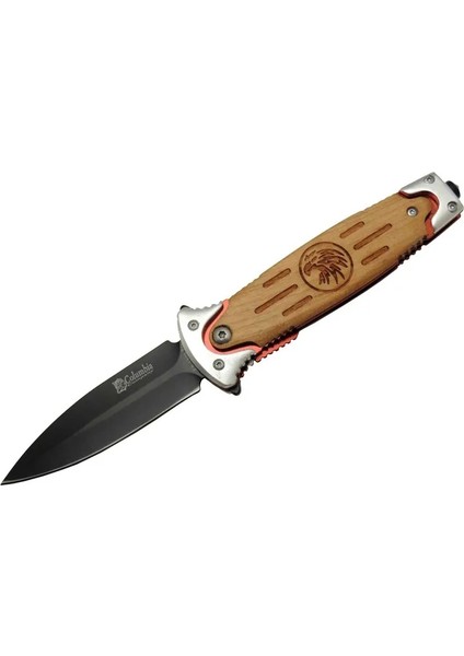 Eco Lounge Columbia Fs 11032 Kahverengi Kurtarma / Kamp Çakısı 20CM - Kartal Işlemeli Ahşap Sap, Kemerlikli, Cam Kırma Aparatlı