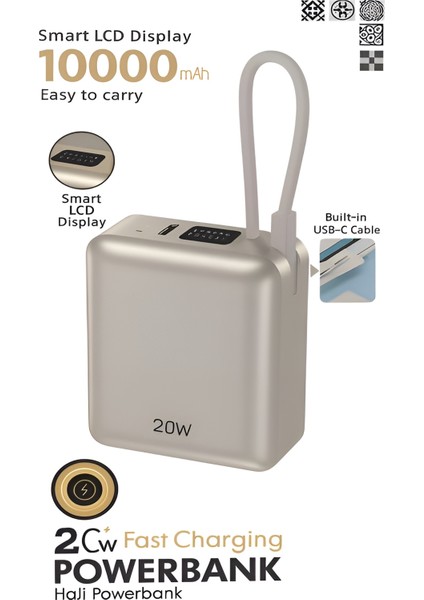 20W Hızlı Şarj Powerbank | 10000MAH LCD Ekranlı, Dahili Type-C Girişli Kablolu Taşınabilir Şarj
