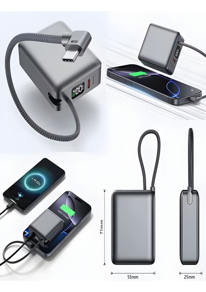 20W Hızlı Şarj Powerbank | 10000MAH LCD Ekranlı, Dahili Type-C Girişli Kablolu Taşınabilir Şarj fiyatları