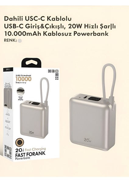 20W Hızlı Şarj Powerbank | 10000MAH LCD Ekranlı, Dahili Type-C Girişli Kablolu Taşınabilir Şarj indirimleri