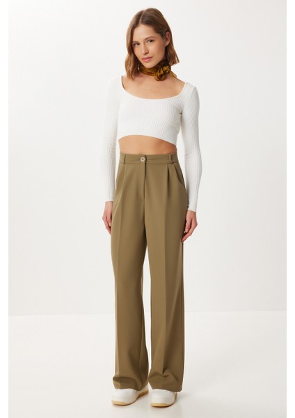Pileli Dokuma Palazzo Pantolon LDW0010 Zeytin Yeşili fiyatları