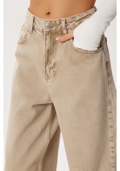 Kesik Paça Baggy Jean P0291 LRI0030 Bej fırsatları
