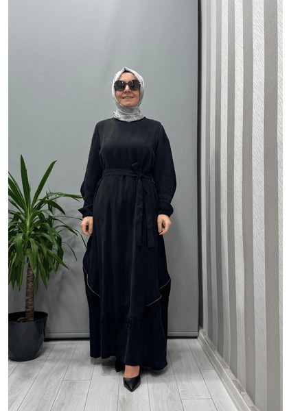 Nakış ve Fermuar Detaylı Cupra Ipek Elbise Siyah 37800