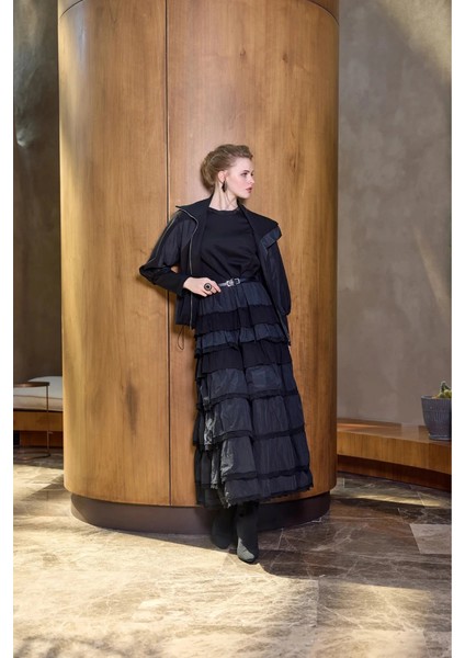 Fırfır Detaylı Ceket Elbise Takım Siyah 38807 modelleri