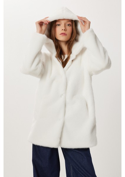 Kapüşonlu Suni Kürk Kaban LZH0018 Ekru