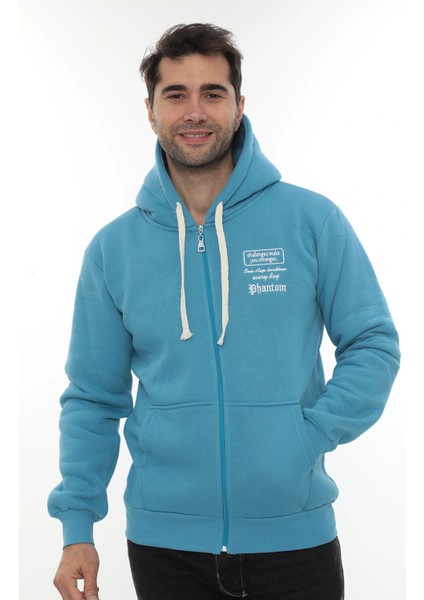 Erkek Turkuaz Standart Fit Normal Kesim Içi Polarlı Tam Fermuarlı Kapüşonlu Pamuklu Sweatshirt