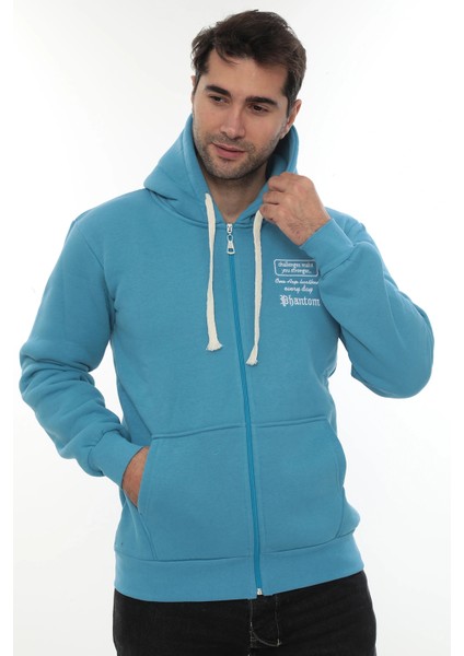 Erkek Turkuaz Standart Fit Normal Kesim Içi Polarlı Tam Fermuarlı Kapüşonlu Pamuklu Sweatshirt fiyatları