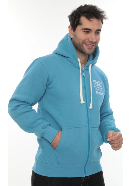 Erkek Turkuaz Standart Fit Normal Kesim Içi Polarlı Tam Fermuarlı Kapüşonlu Pamuklu Sweatshirt indirimleri