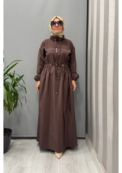 Belden Bağcıklı Elbise Kahve 5009