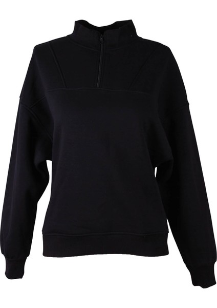 Dik Yaka Fermuarlı Siyah Kadın Sweatshirt 26KL71S95008