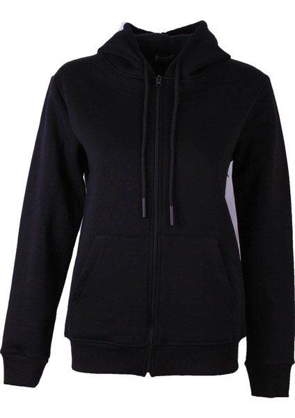 26KL71S95003 Siyah Kadın Sweatshirt 3 Ip Şardonlu Kapşonlu Fermuarlı Kangru