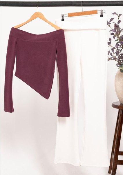 Cupra Kumaş Bel Kıvrım Detaylı Kadın Alt Üst Takım | Bordo Krem